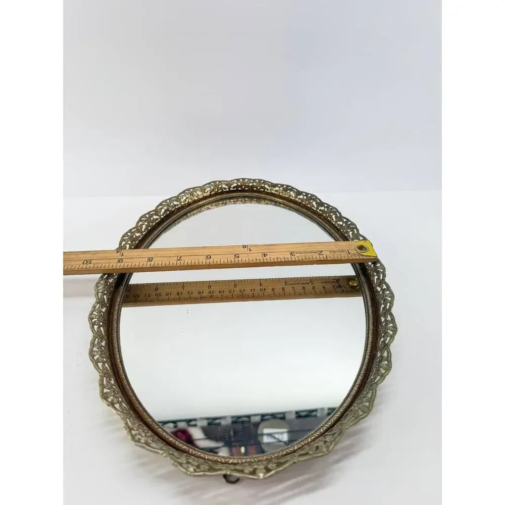 Vintage Round Wall Mirror Ornate Gold Tone Filigree Metal Floral Frame